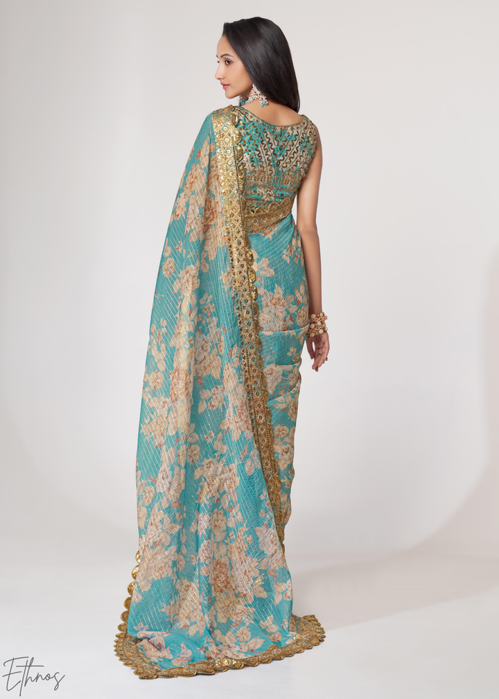 Turquoise Sky Rose Floral Print Organza Saree