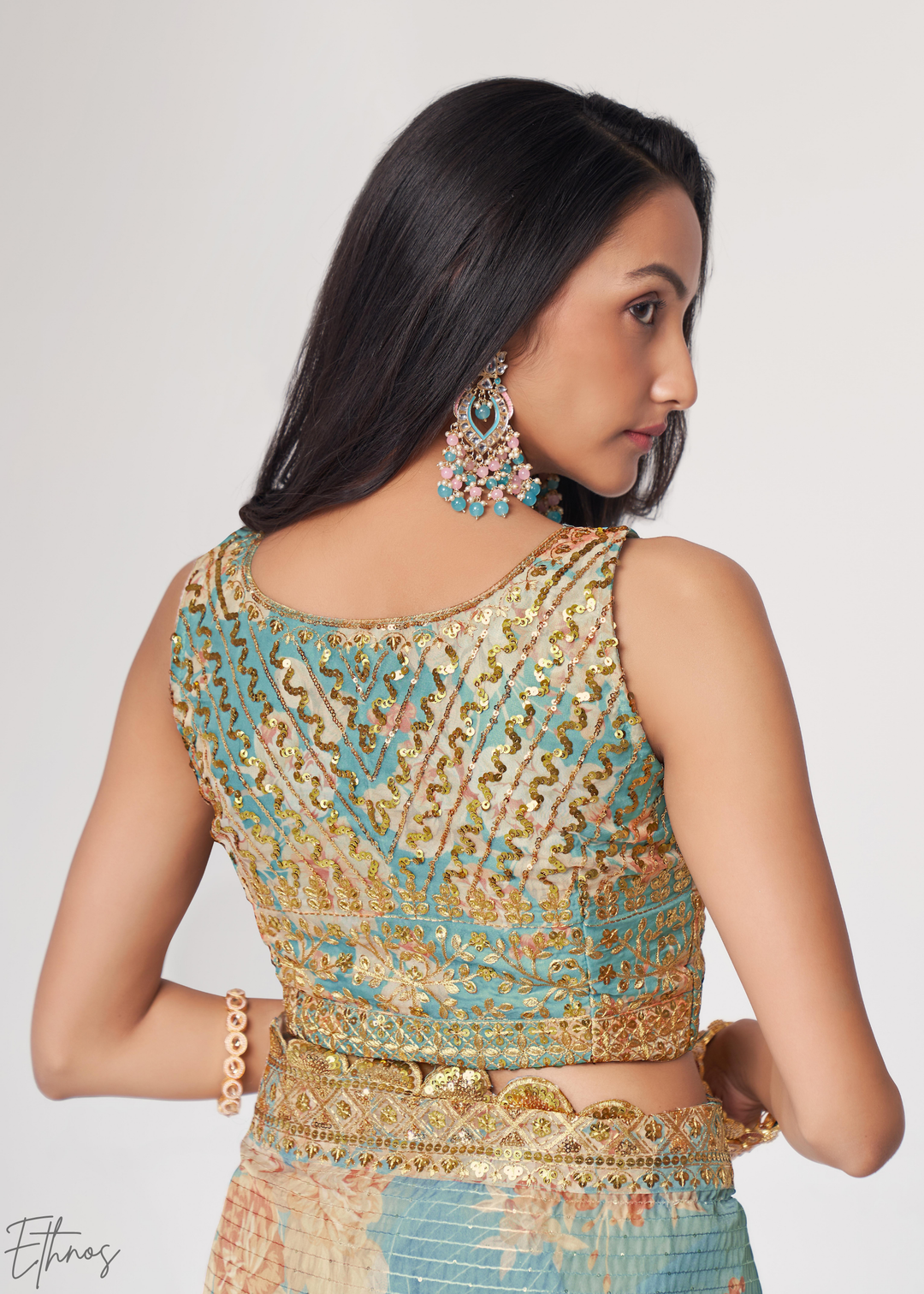 Turquoise Sky Rose Floral Print Organza Saree