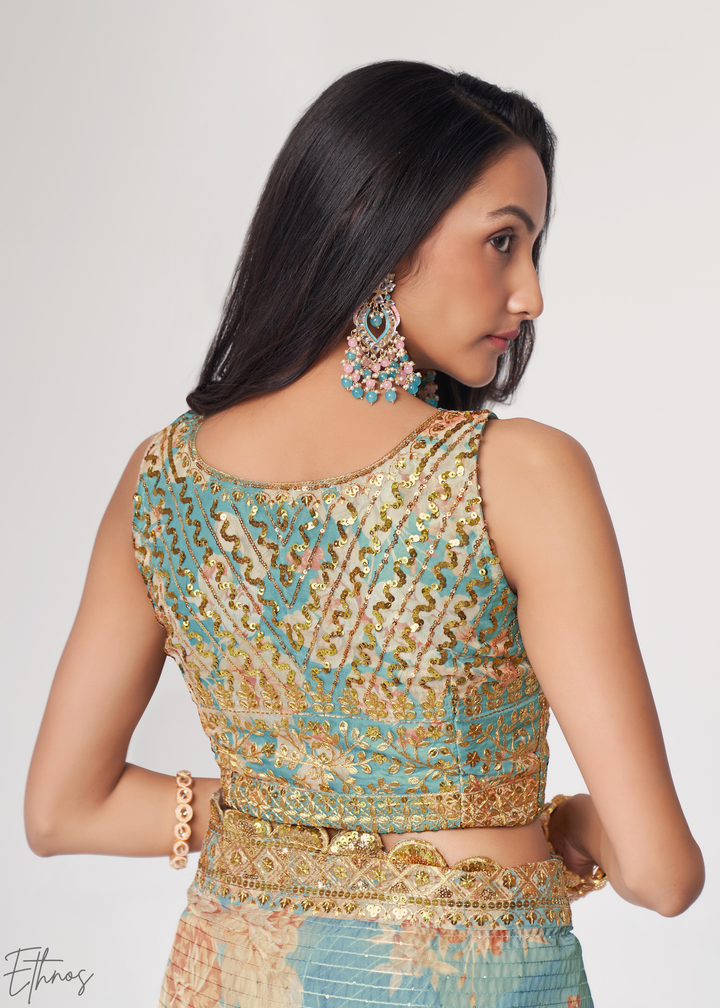 Turquoise Sky Rose Floral Print Organza Saree