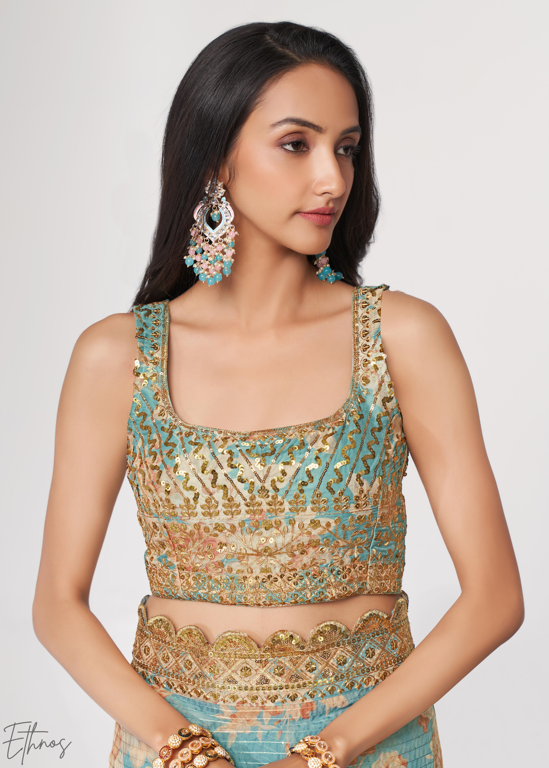 Turquoise Sky Rose Floral Print Organza Saree