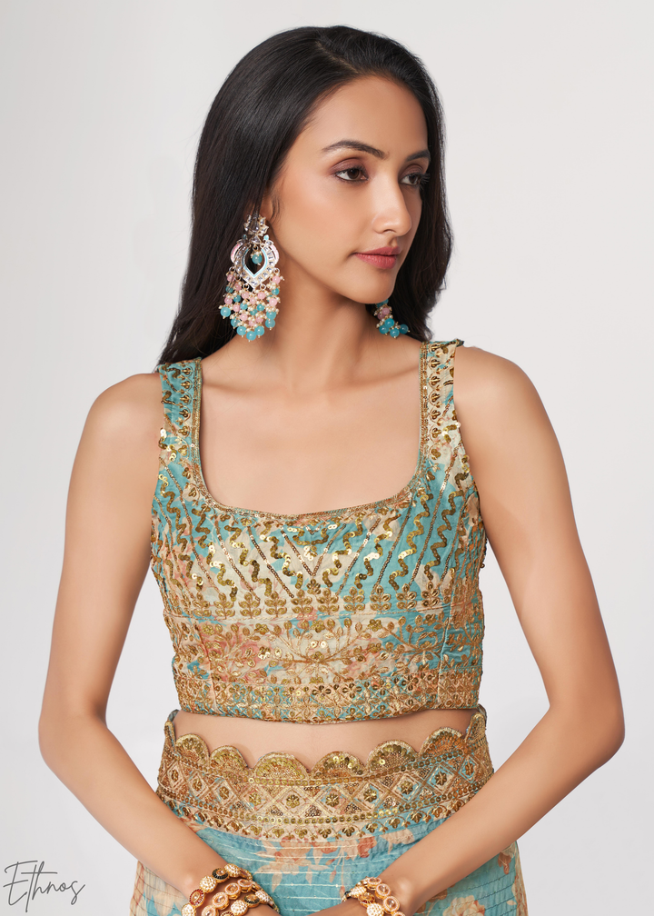 Turquoise Sky Rose Floral Print Organza Saree
