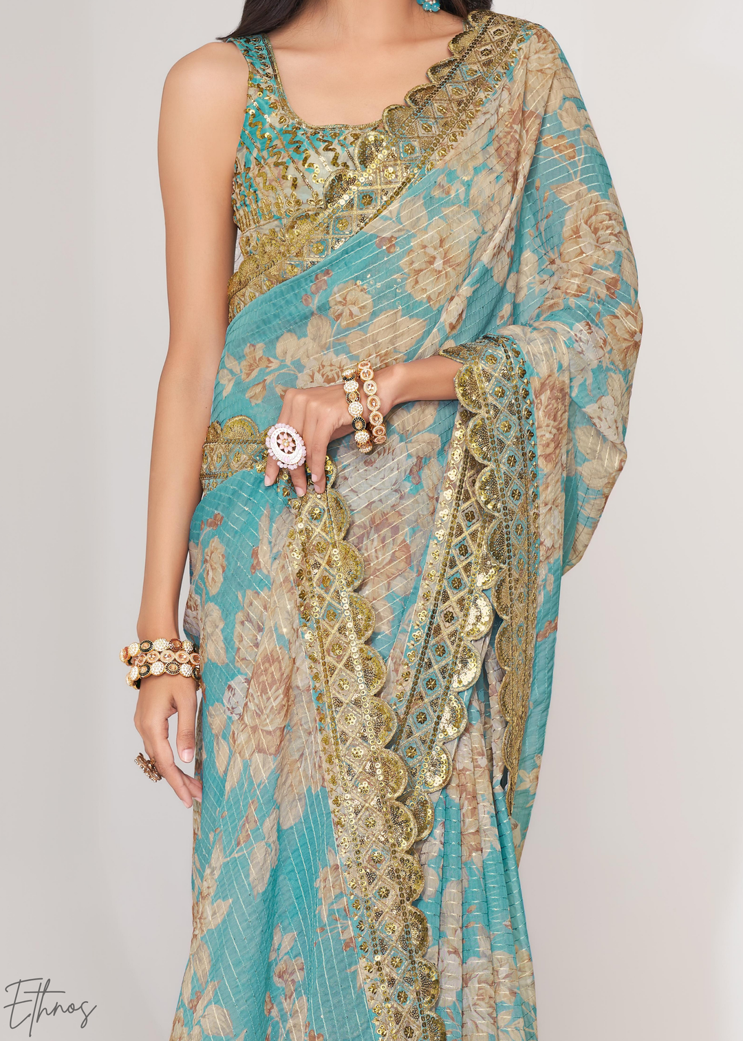 Turquoise Sky Rose Floral Print Organza Saree