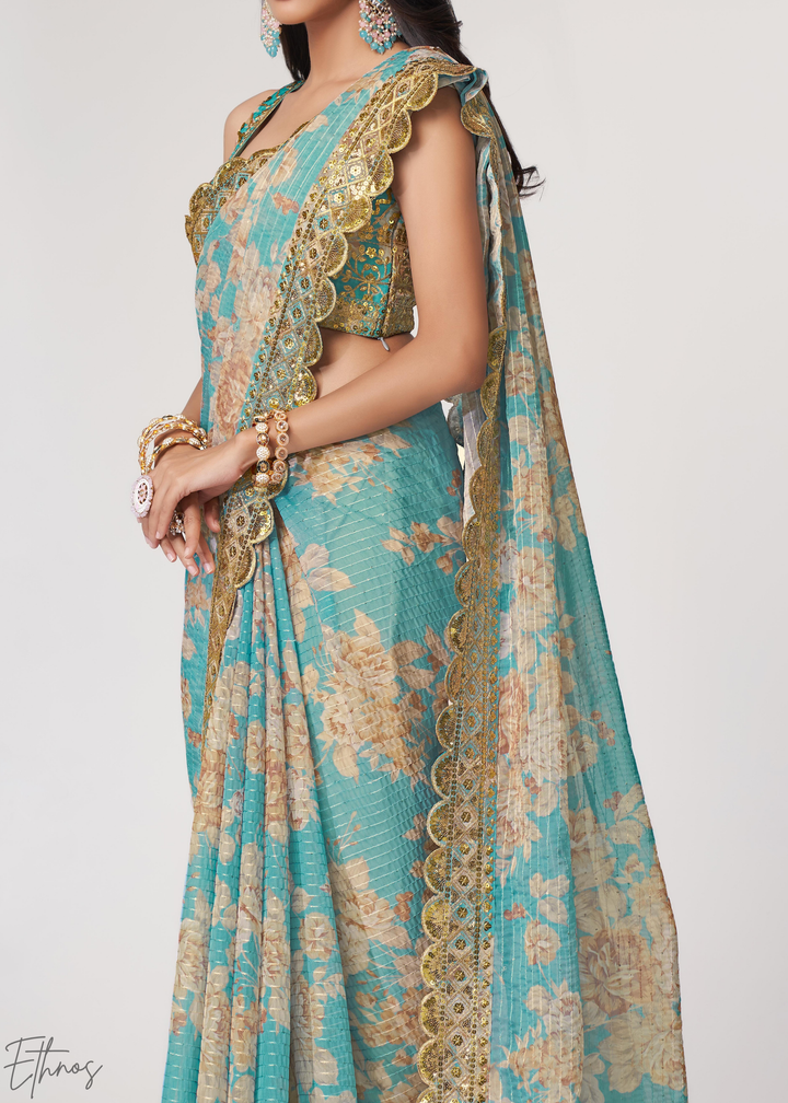 Turquoise Sky Rose Floral Print Organza Saree