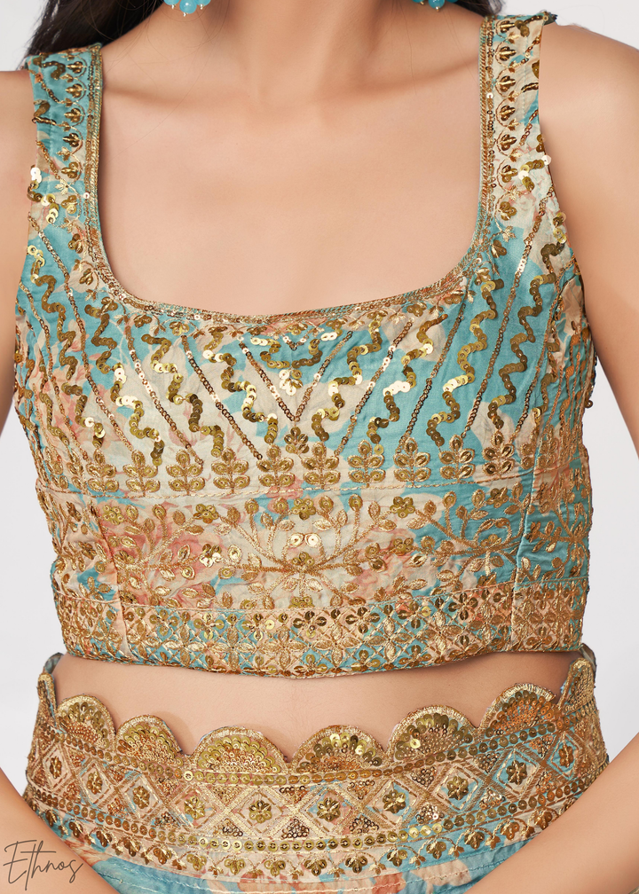 Turquoise Sky Rose Floral Print Organza Saree