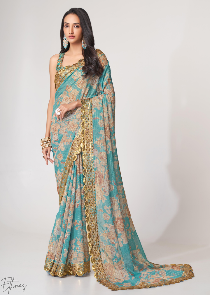 Turquoise Sky Rose Floral Print Organza Saree