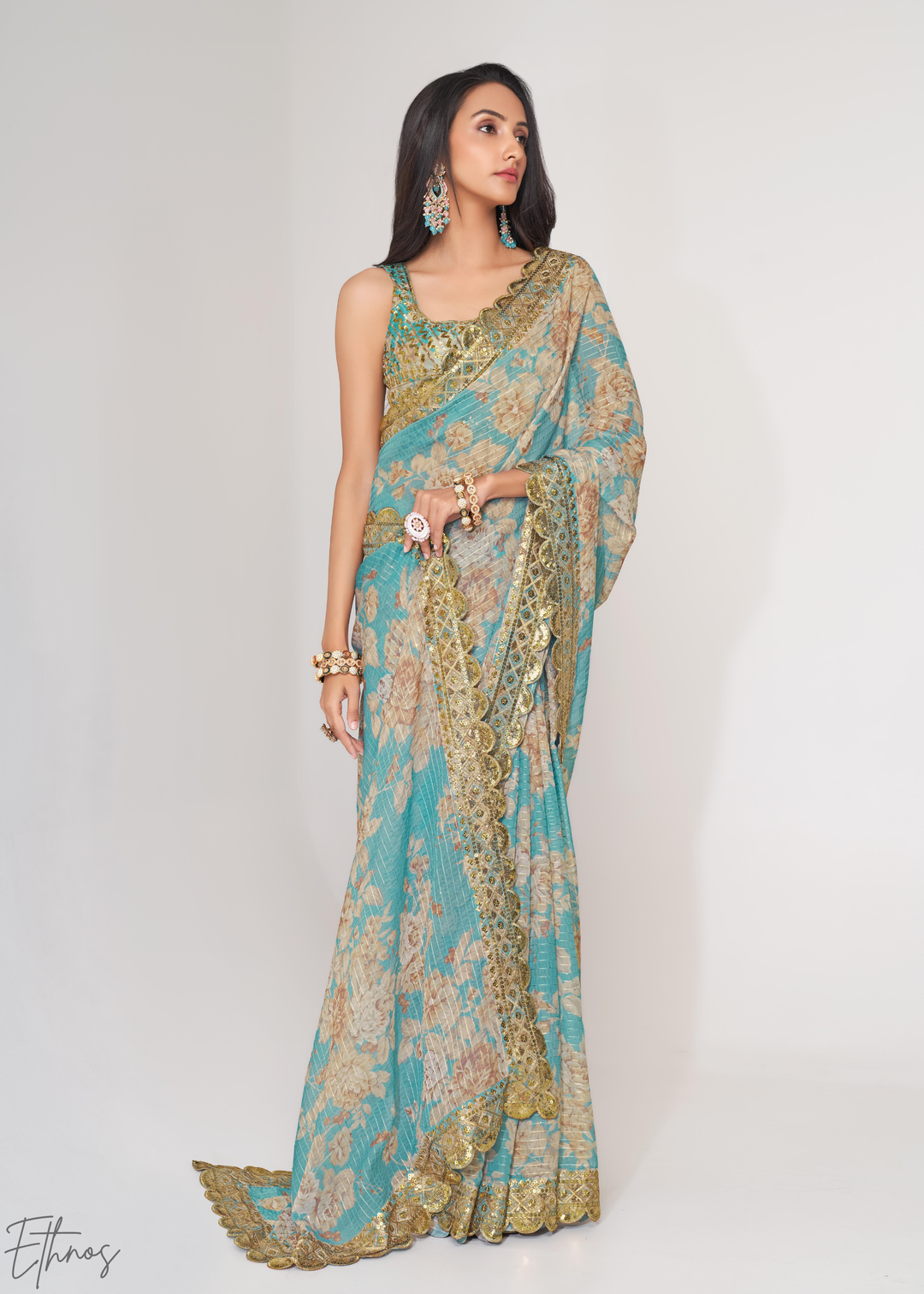 Turquoise Sky Rose Floral Print Organza Saree