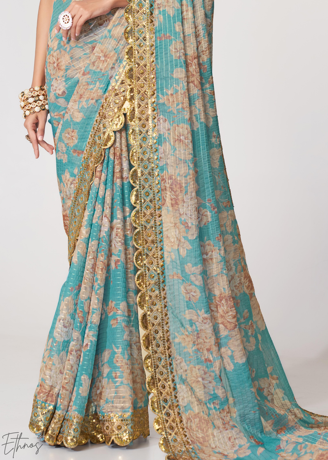 Turquoise Sky Rose Floral Print Organza Saree