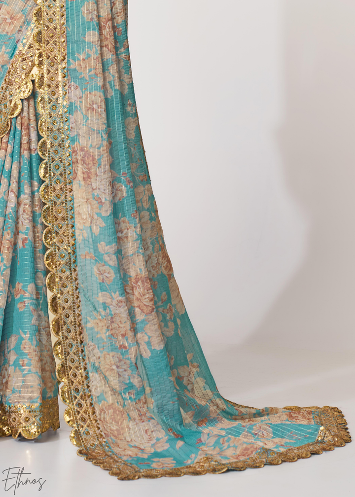 Turquoise Sky Rose Floral Print Organza Saree