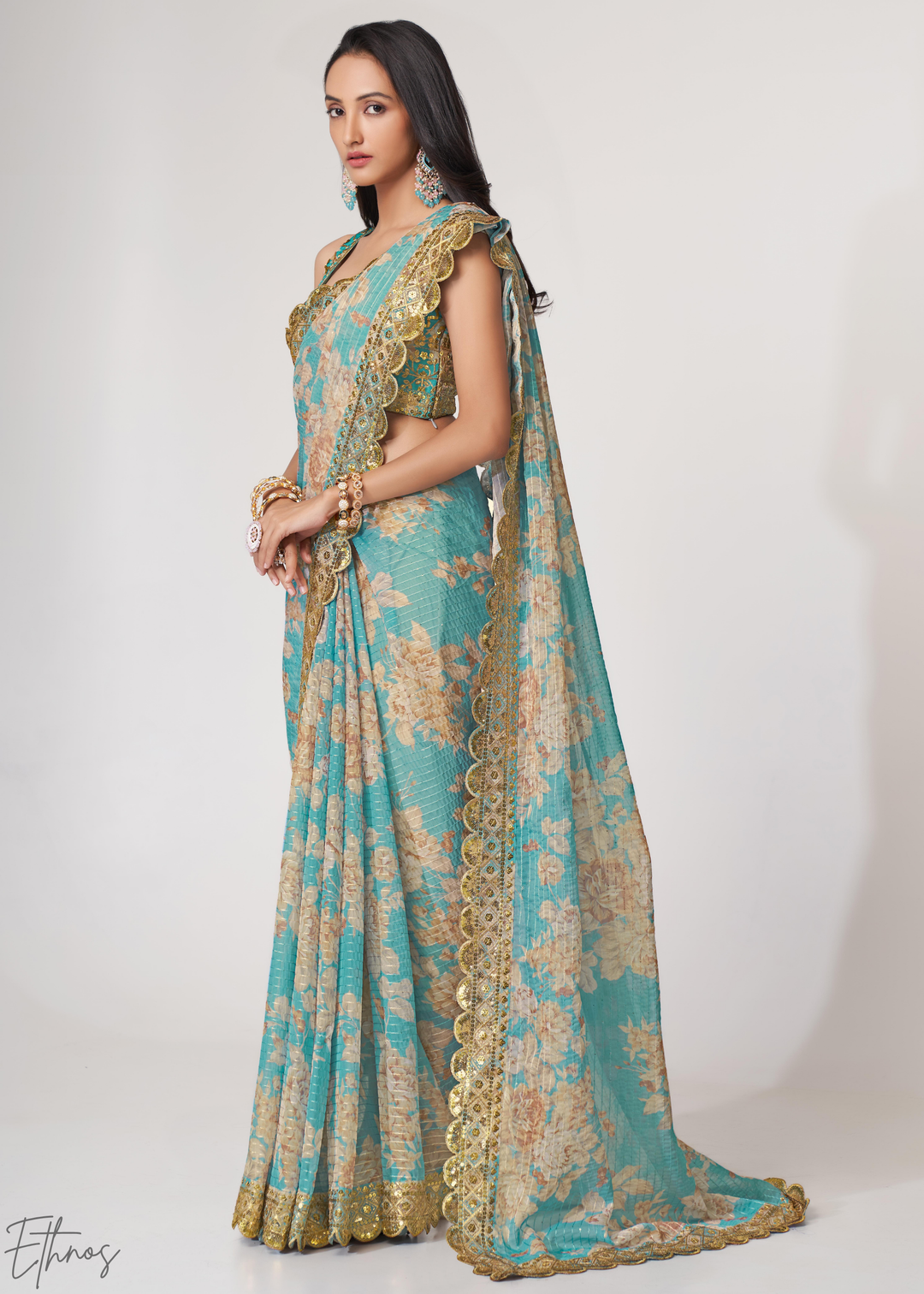 Turquoise Sky Rose Floral Print Organza Saree
