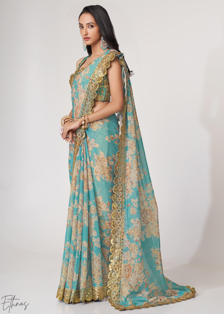 Turquoise Sky Rose Floral Print Organza Saree