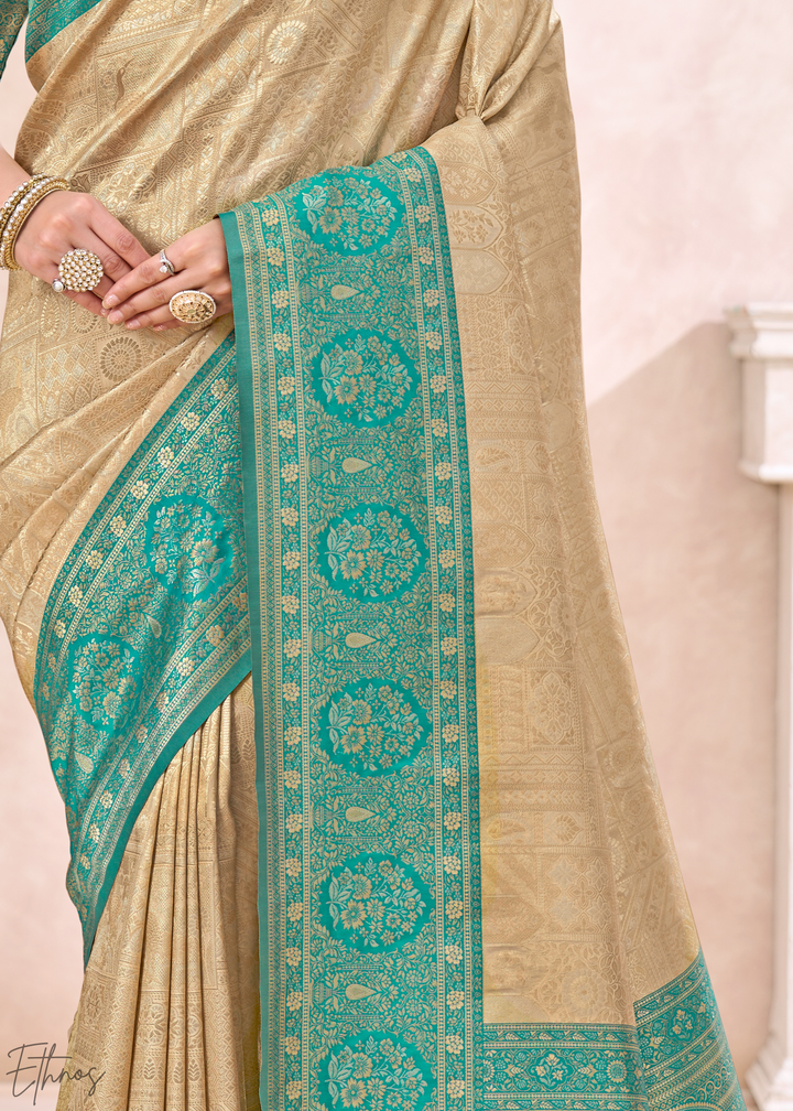 Turquoise Teal Botanical Panel Woven Silk Saree