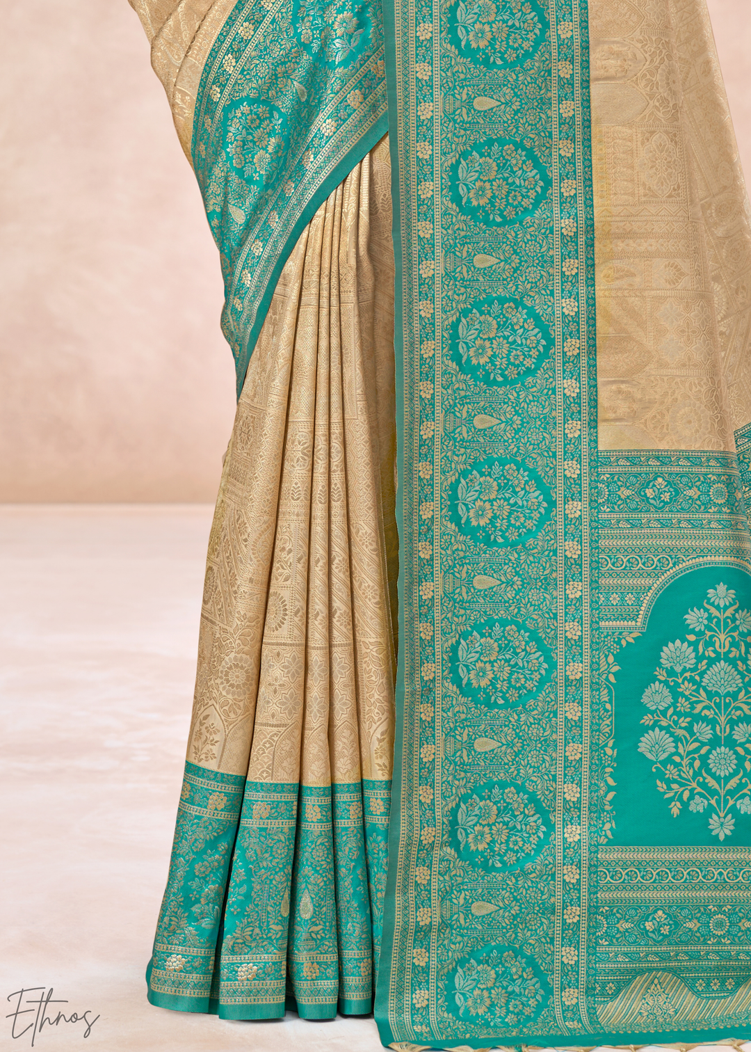 Turquoise Teal Botanical Panel Woven Silk Saree