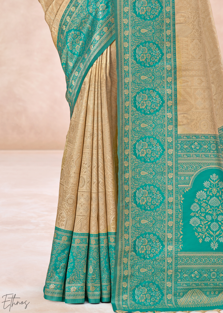 Turquoise Teal Botanical Panel Woven Silk Saree