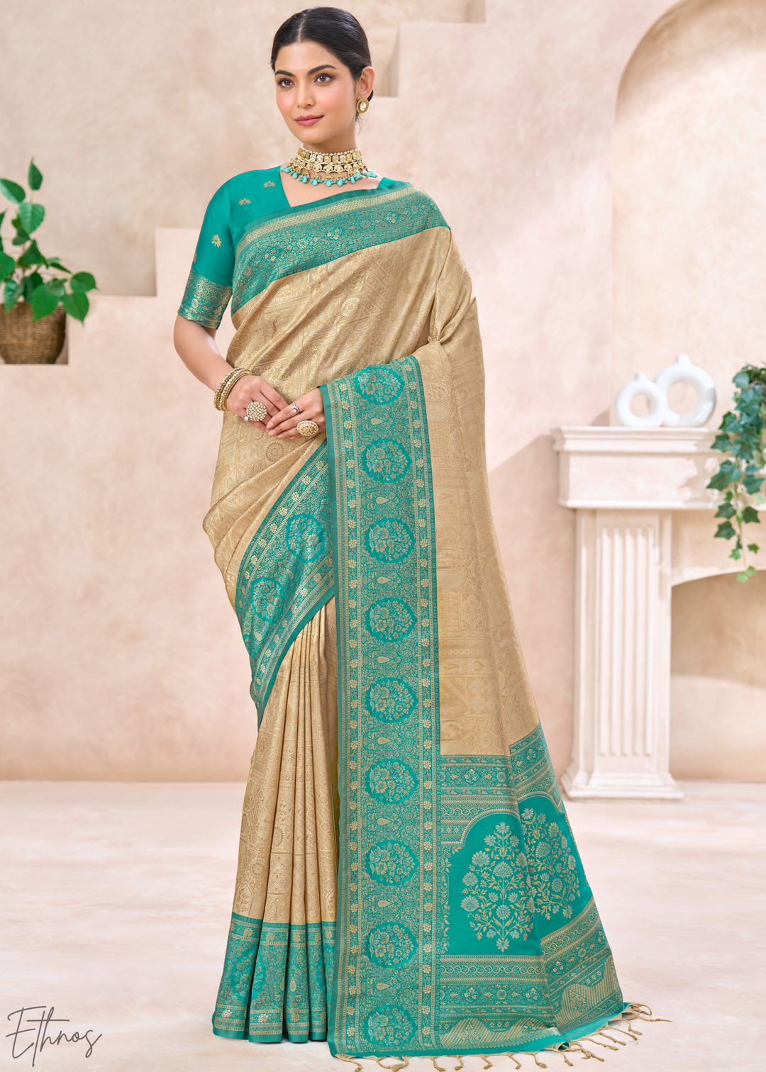 Turquoise Teal Botanical Panel Woven Silk Saree