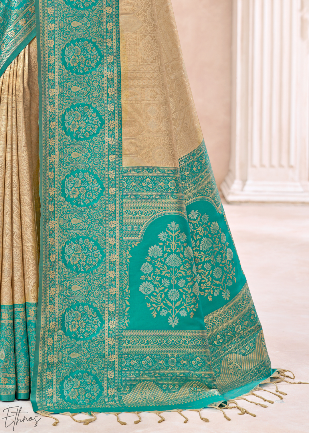 Turquoise Teal Botanical Panel Woven Silk Saree