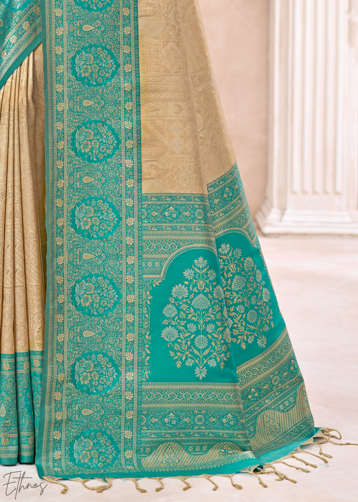 Turquoise Teal Botanical Panel Woven Silk Saree