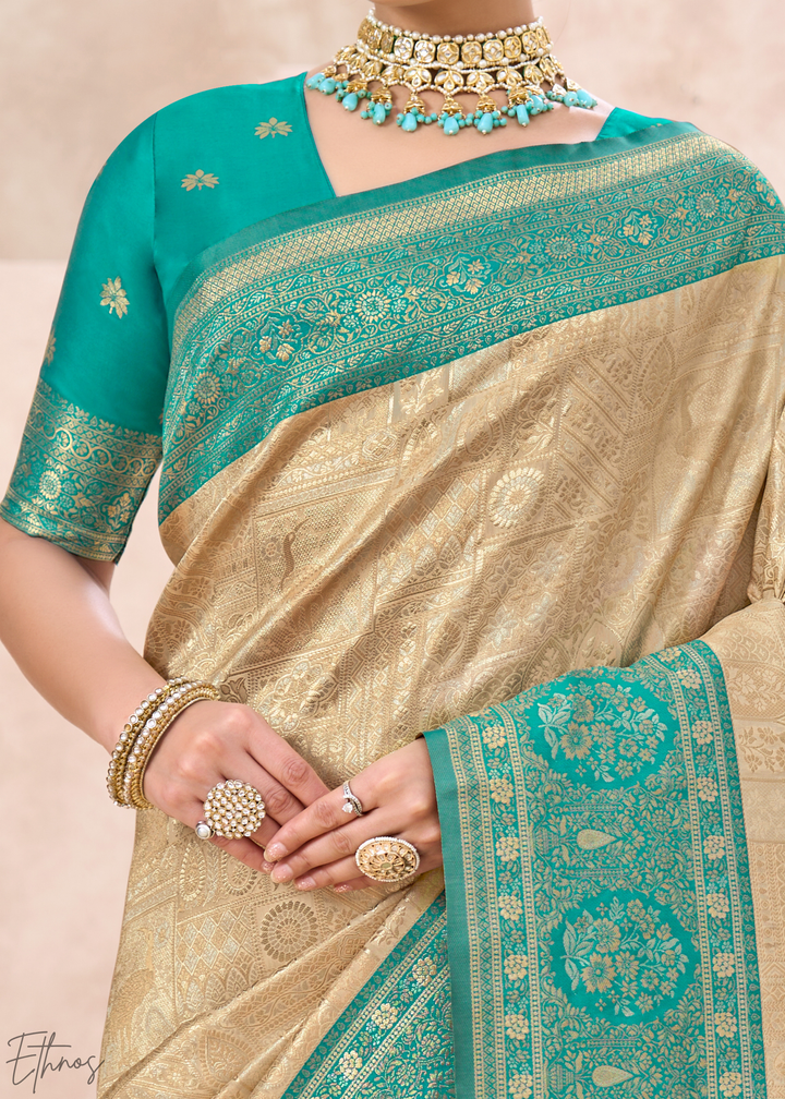 Turquoise Teal Botanical Panel Woven Silk Saree