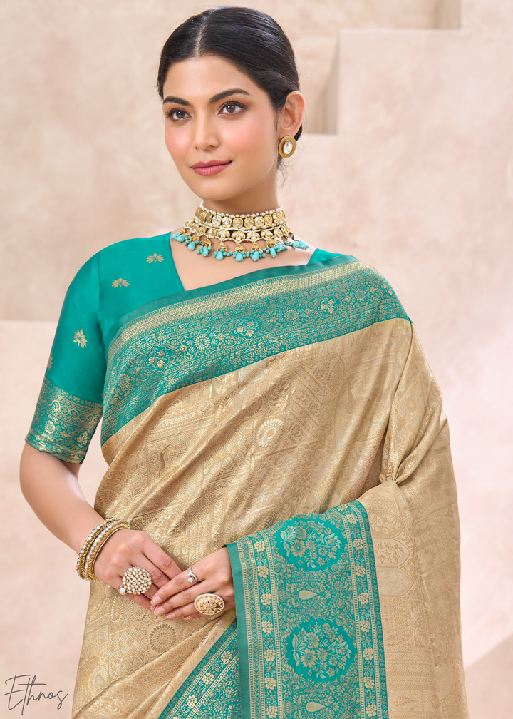 Turquoise Teal Botanical Panel Woven Silk Saree