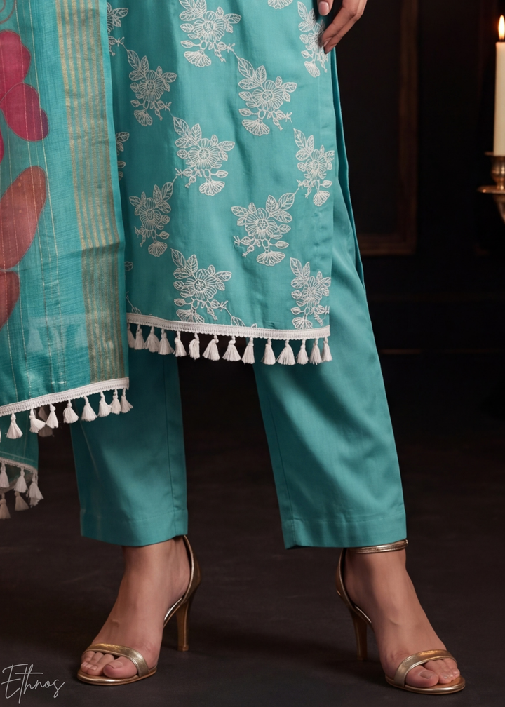 Turquoise Teal Meadow Vines Cotton Silk Pant Suit