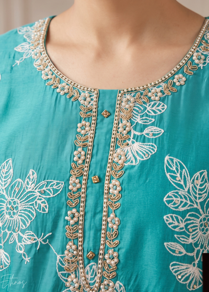 Turquoise Teal Meadow Vines Cotton Silk Pant Suit