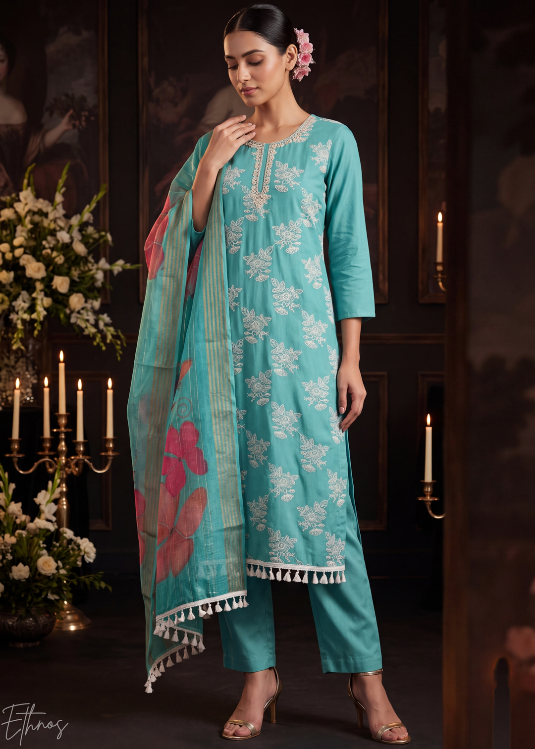 Turquoise Teal Meadow Vines Cotton Silk Pant Suit