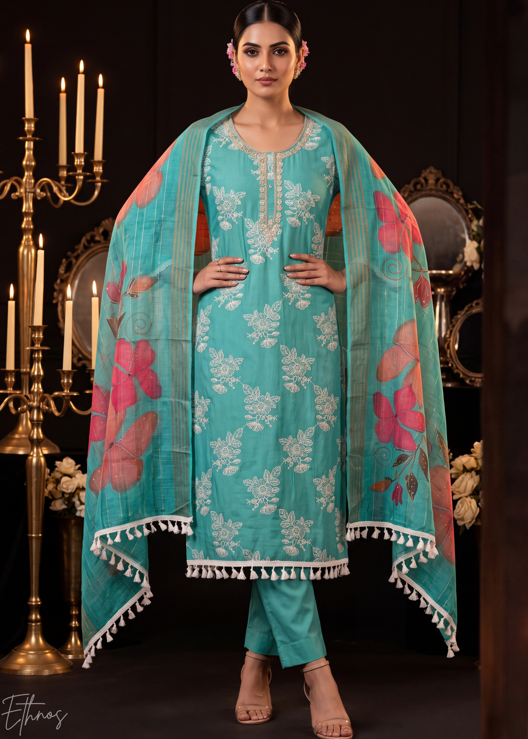 Turquoise Teal Meadow Vines Cotton Silk Pant Suit