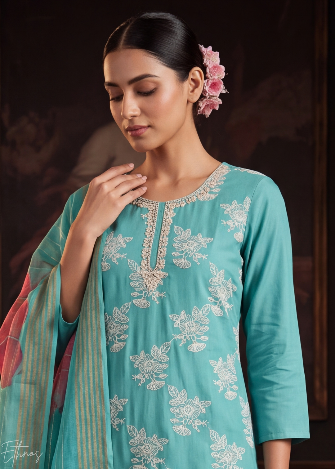 Turquoise Teal Meadow Vines Cotton Silk Pant Suit