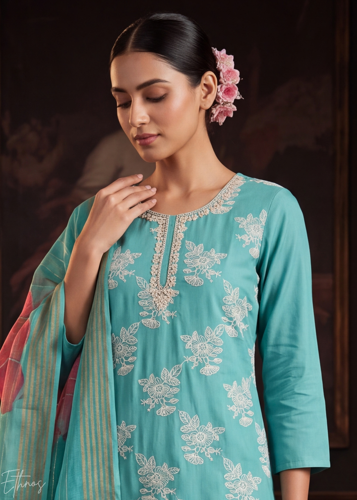 Turquoise Teal Meadow Vines Cotton Silk Pant Suit