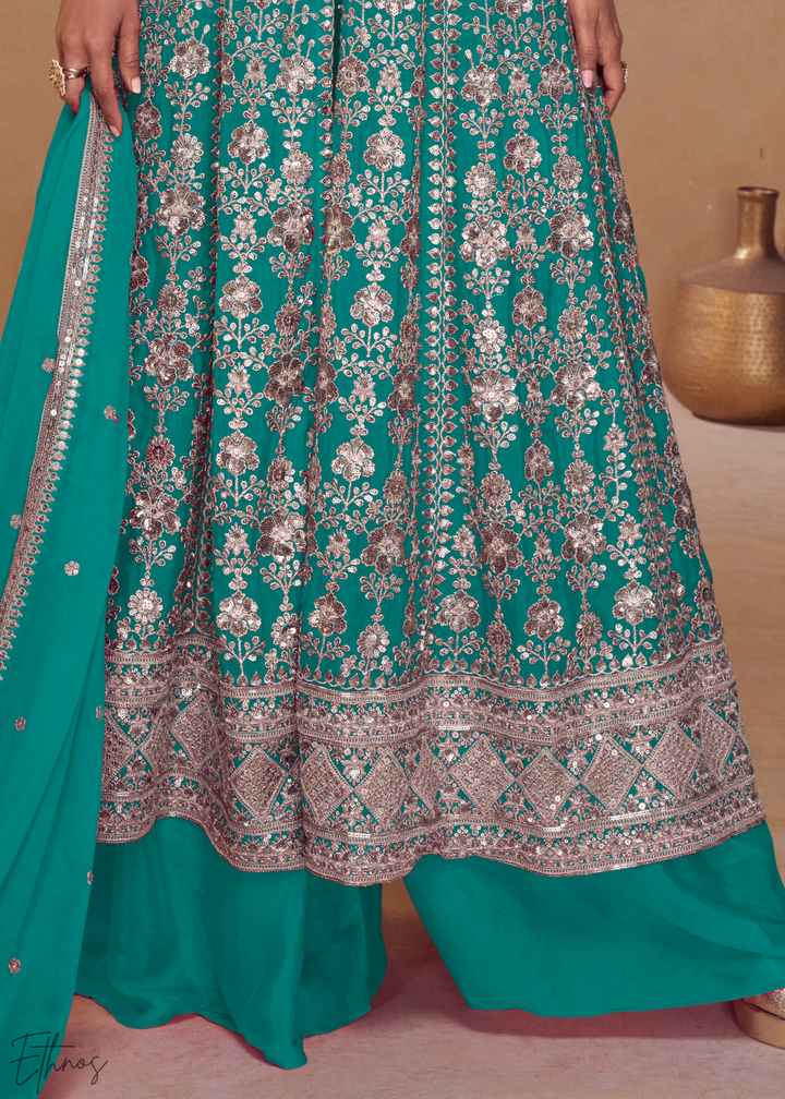Turquoise Gilded Chinon Slit-Kalidaar Palazzo Suit