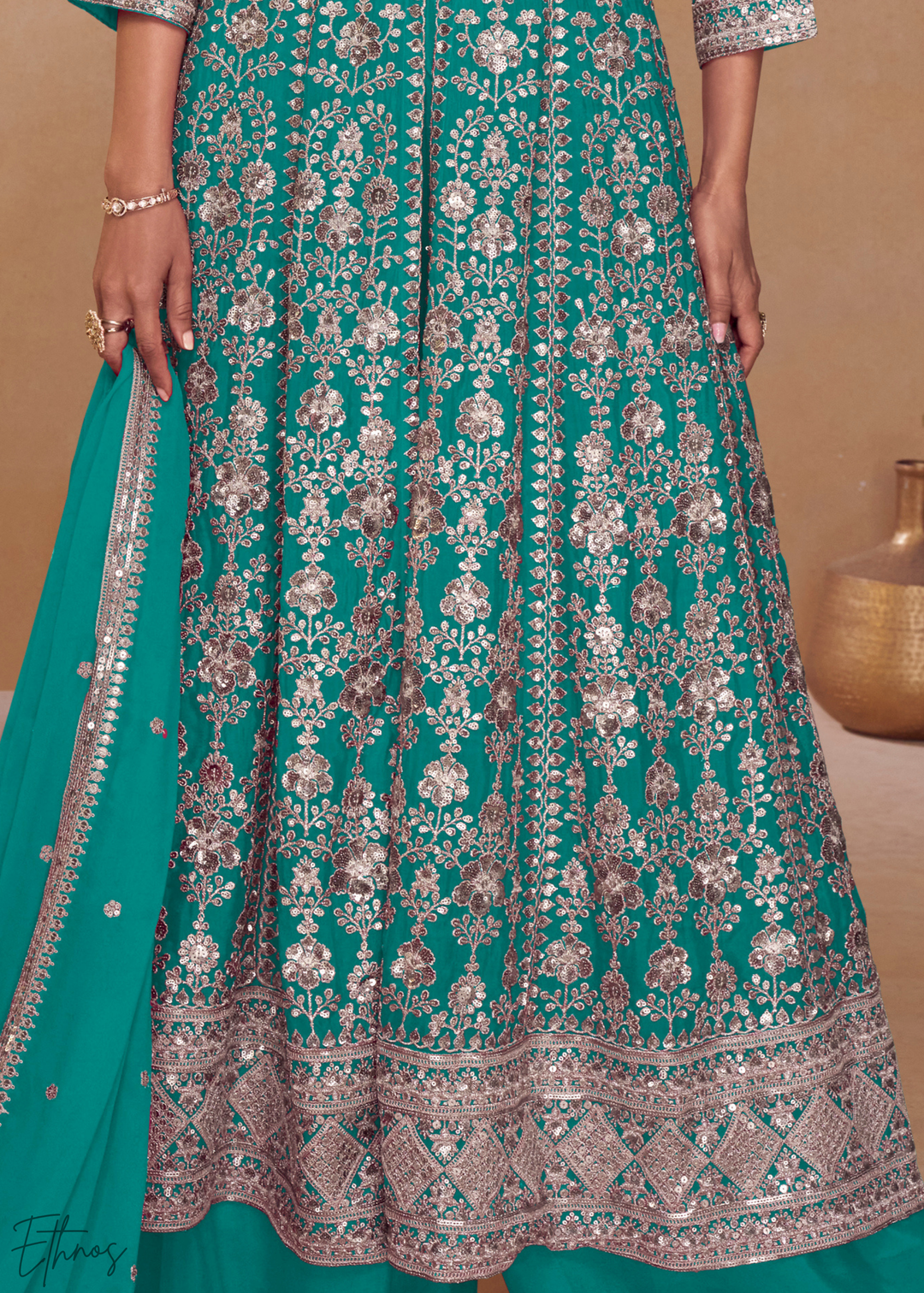 Turquoise Gilded Chinon Slit-Kalidaar Palazzo Suit