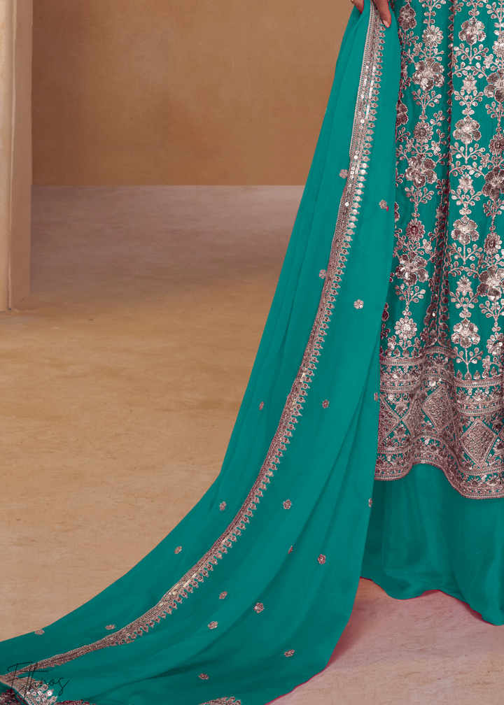 Turquoise Gilded Chinon Slit-Kalidaar Palazzo Suit