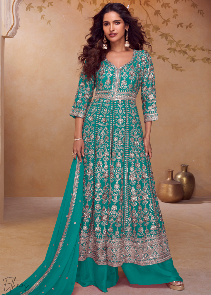 Turquoise Gilded Chinon Slit-Kalidaar Palazzo Suit