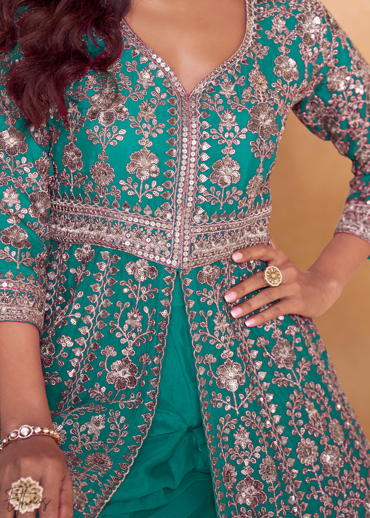 Turquoise Gilded Chinon Slit-Kalidaar Palazzo Suit