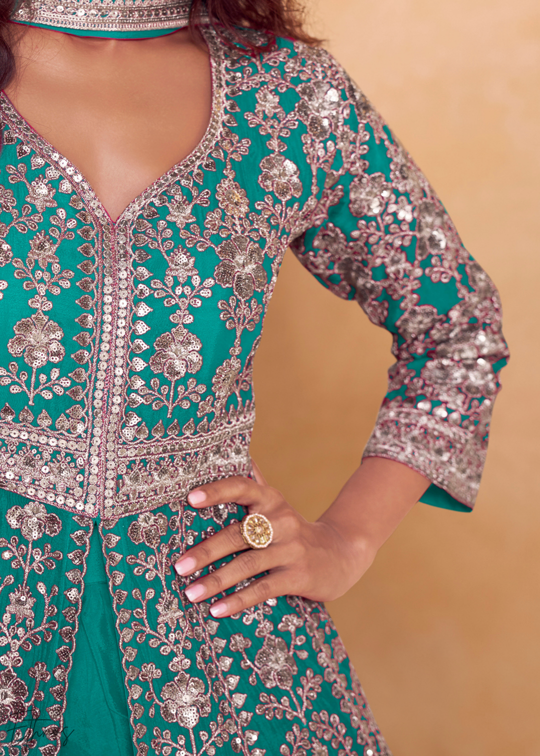 Turquoise Gilded Chinon Slit-Kalidaar Palazzo Suit