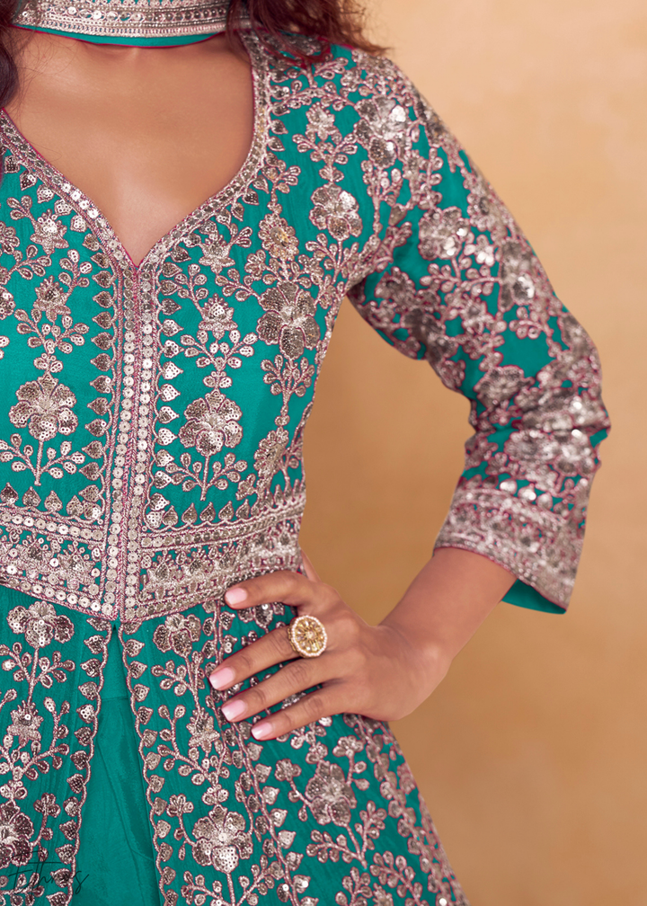 Turquoise Gilded Chinon Slit-Kalidaar Palazzo Suit