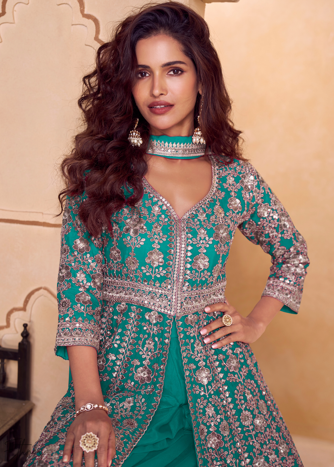 Turquoise Gilded Chinon Slit-Kalidaar Palazzo Suit