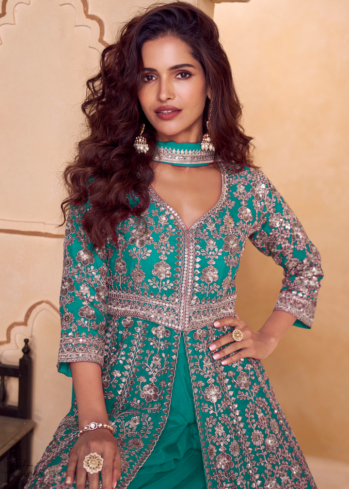 Turquoise Gilded Chinon Slit-Kalidaar Palazzo Suit