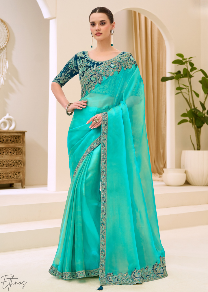 Turquoise Aqua Luminous Tissue Georgette Saree