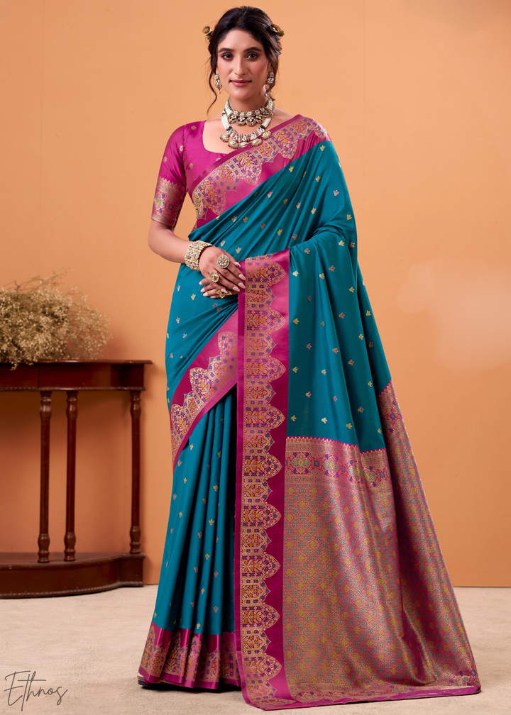 Turquoise Blue Satin Silk Saree