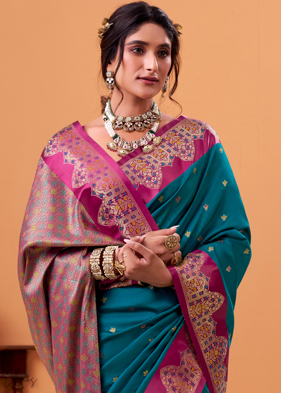 Turquoise Blue Satin Silk Saree