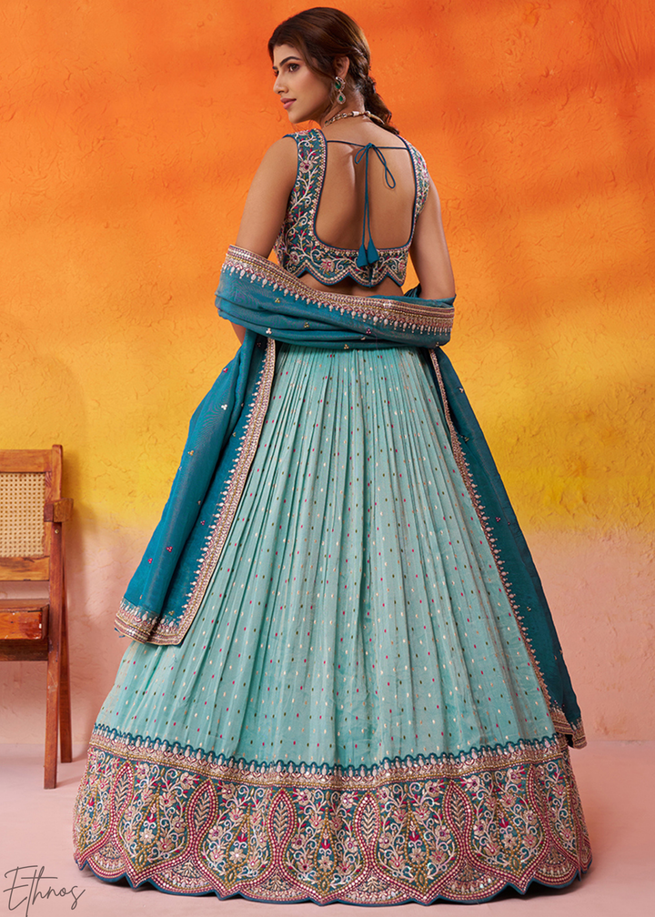 Turquoise Blue Tissue Silk Lehenga