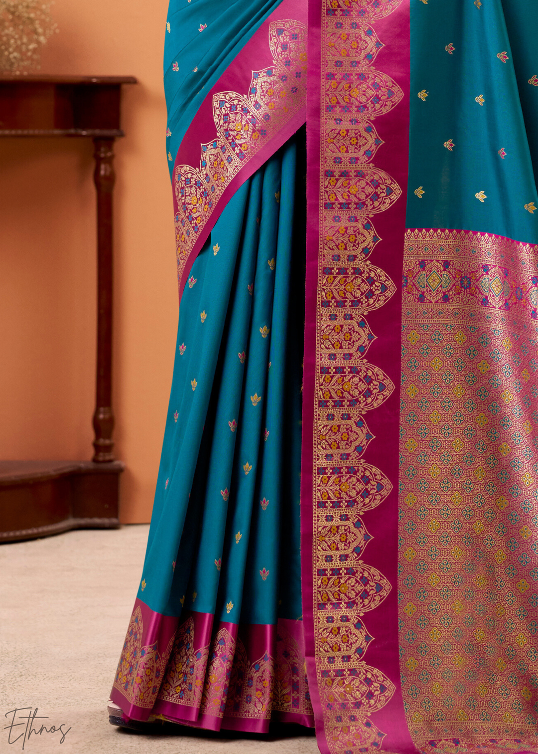 Turquoise Blue Satin Silk Saree