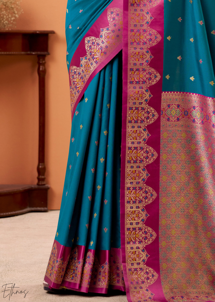 Turquoise Blue Satin Silk Saree