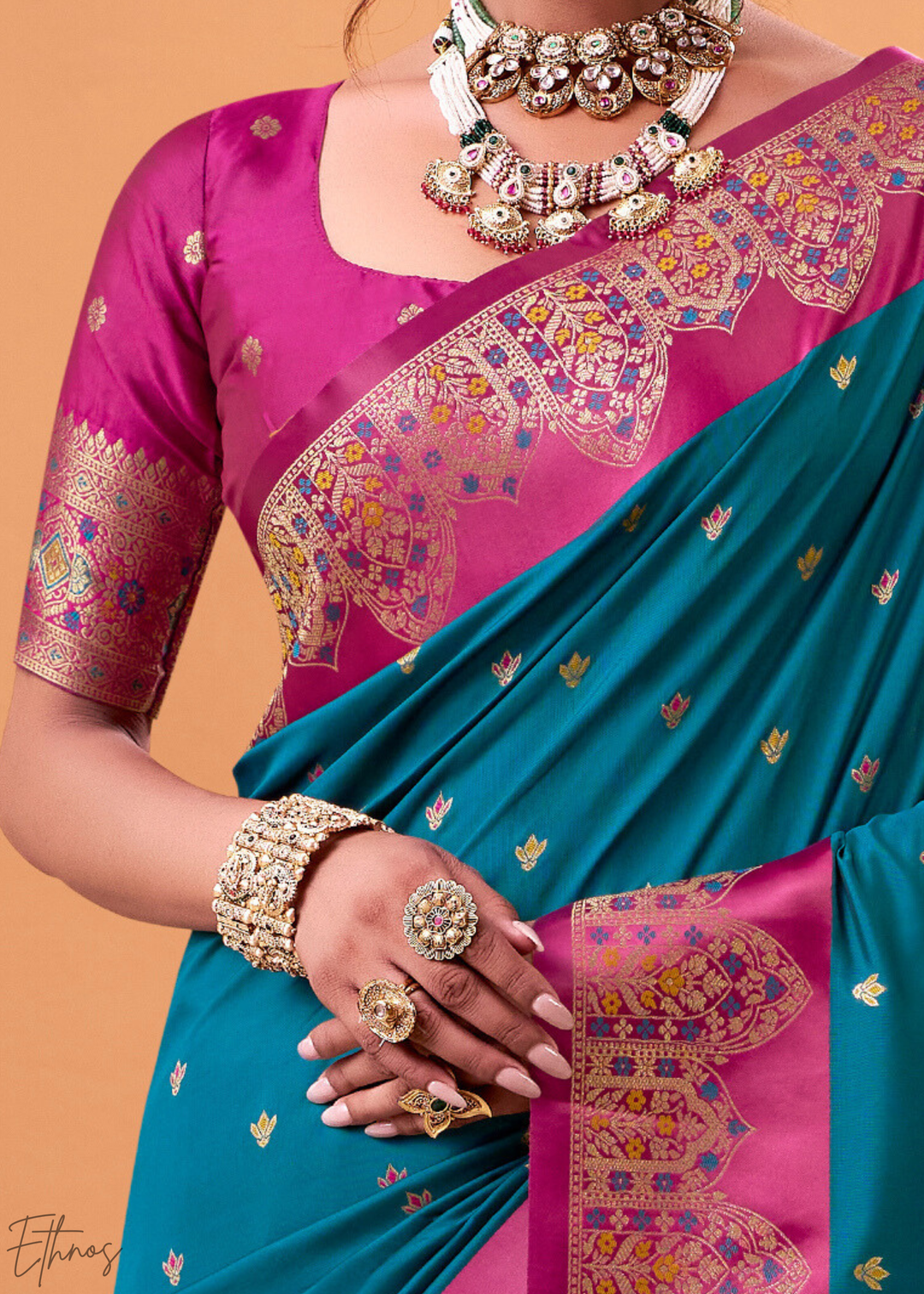 Turquoise Blue Satin Silk Saree