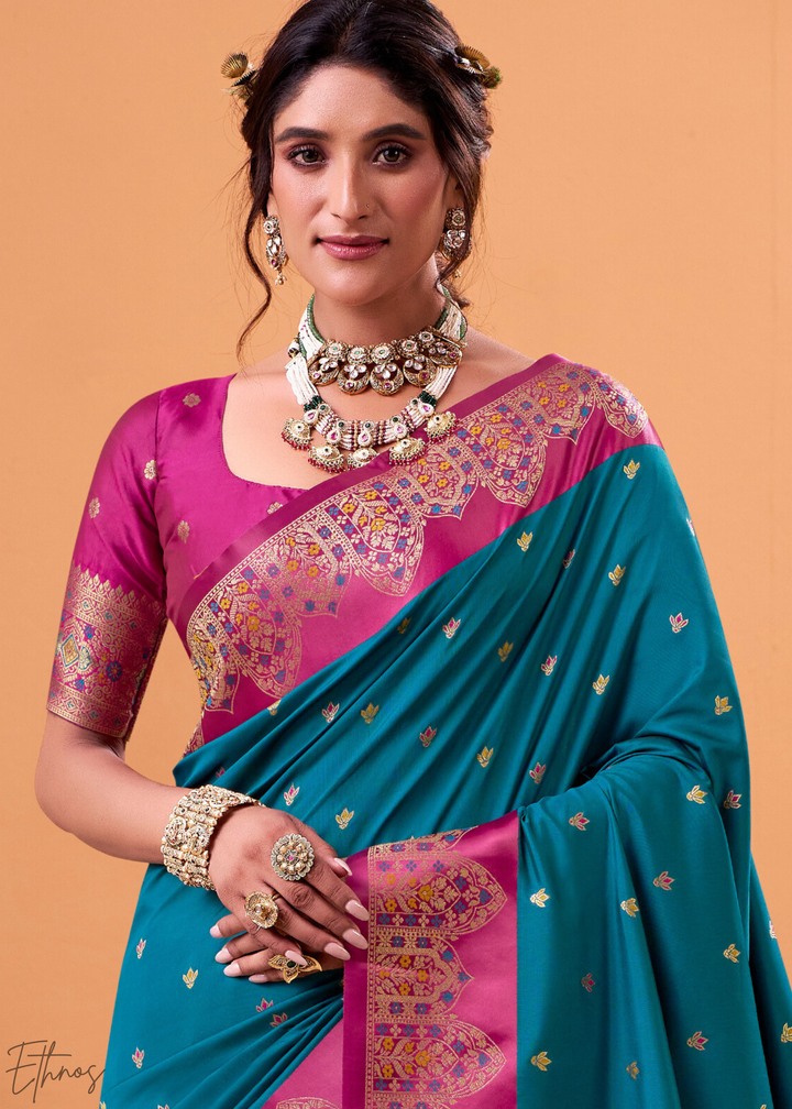 Turquoise Blue Satin Silk Saree