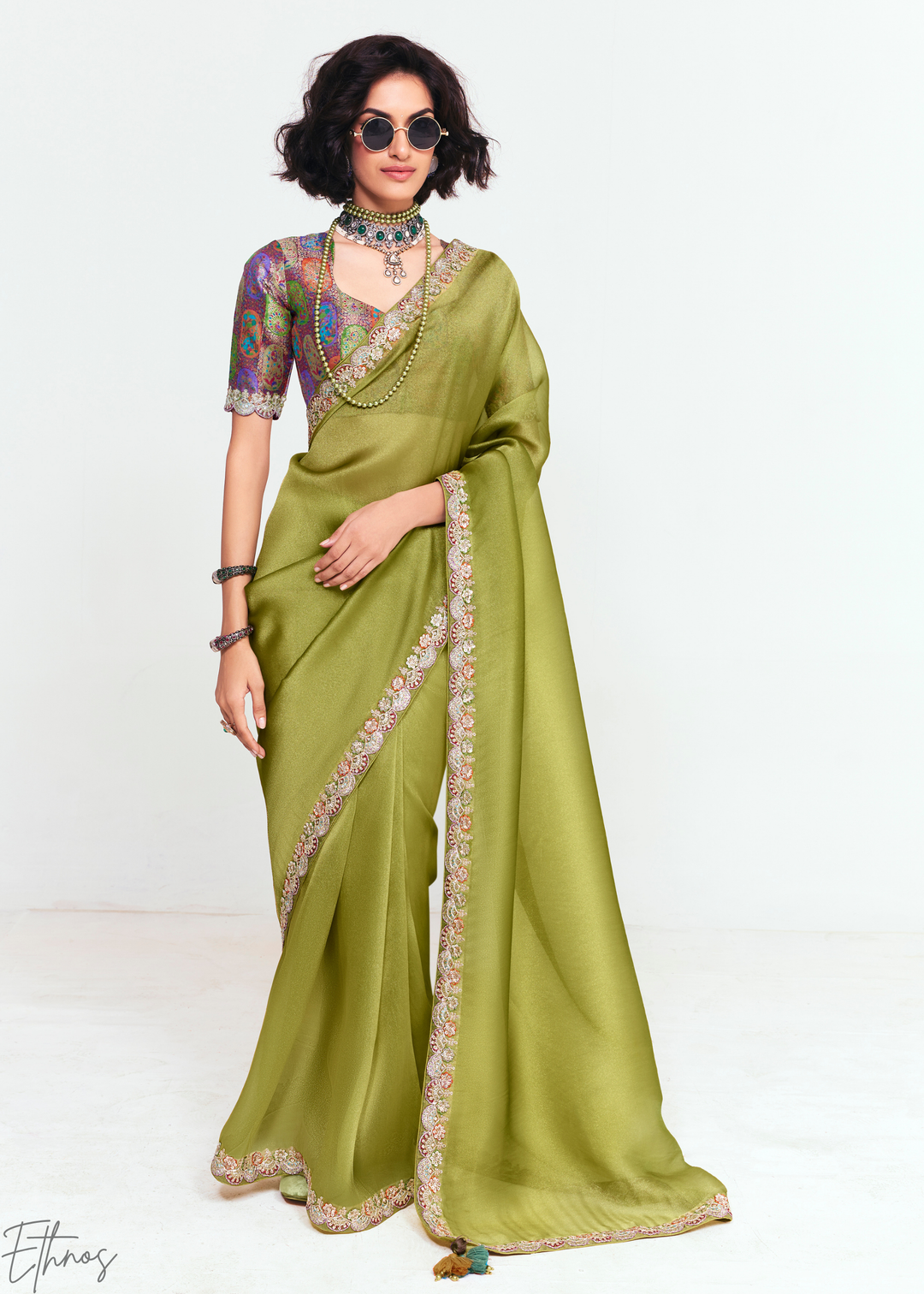 Tuscan Olive Green Embroidered Tissue Saree