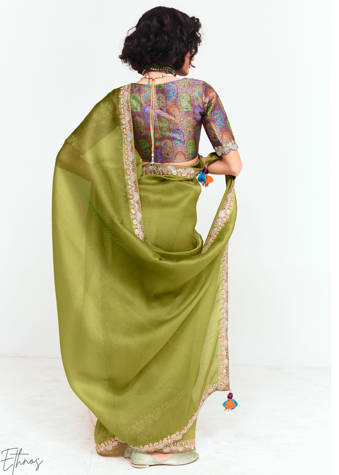 Tuscan Olive Green Embroidered Tissue Saree