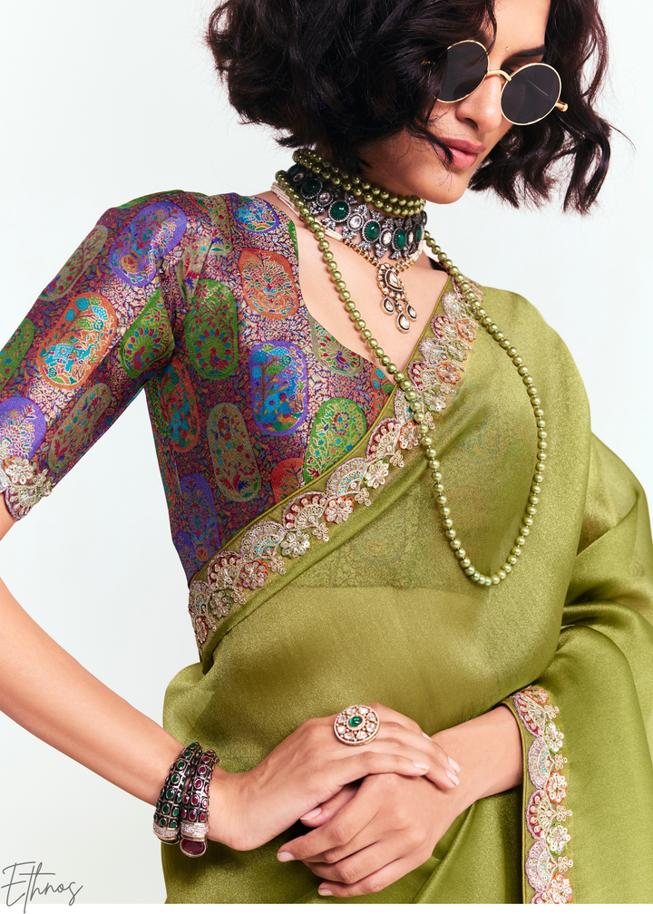 Tuscan Olive Green Embroidered Tissue Saree