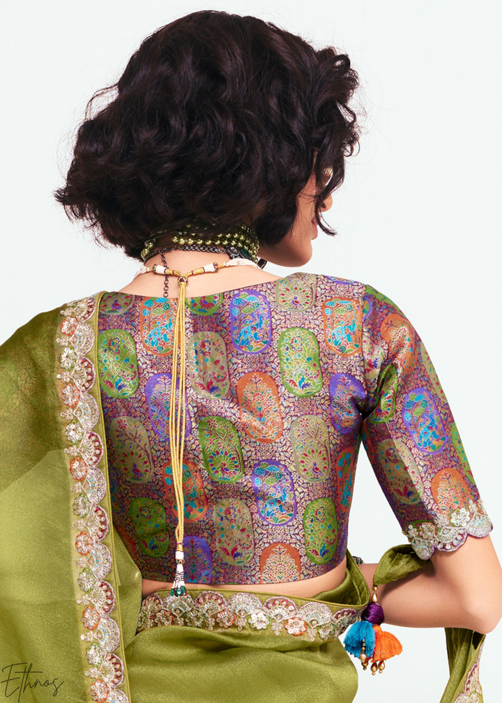 Tuscan Olive Green Embroidered Tissue Saree