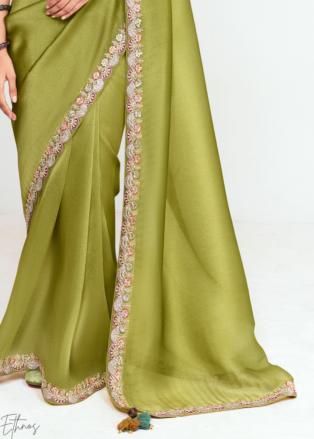 Tuscan Olive Green Embroidered Tissue Saree